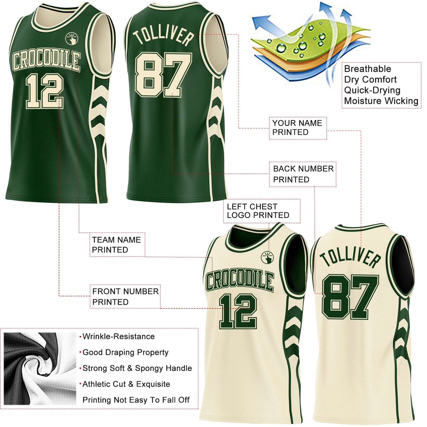 Custom Green-Cream Side Panel Geometric Chevron Reversible Double Side Sublimation Basketball Set Jersey