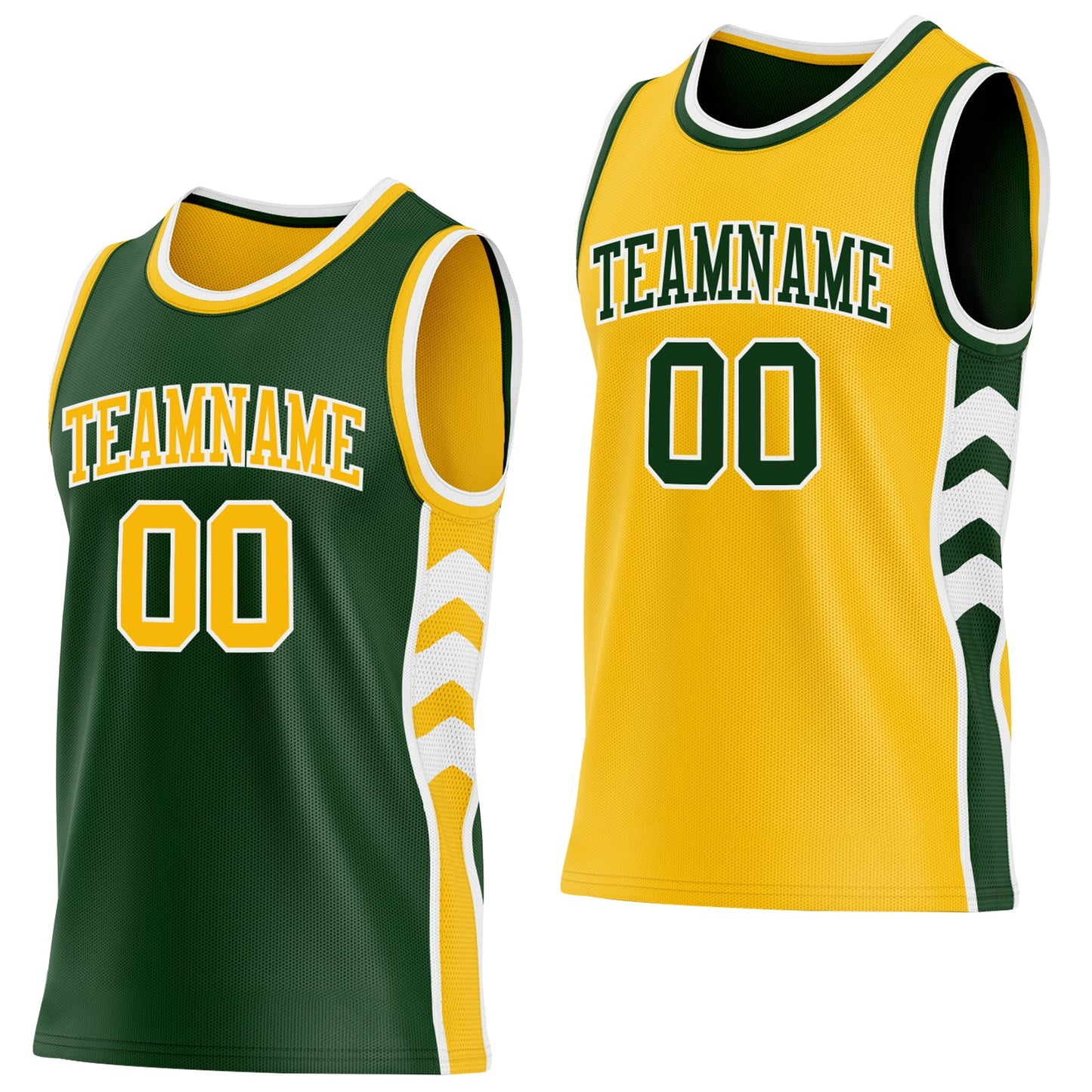 Custom Green Gold-White Side Panel Geometric Chevron Reversible Double Side Sublimation Basketball Set Jersey