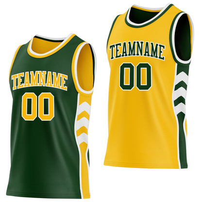 Custom Green Gold-White Side Panel Geometric Chevron Reversible Double Side Sublimation Basketball Set Jersey