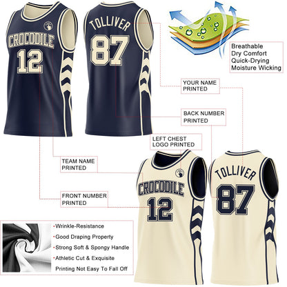 Custom Navy-Cream Side Panel Geometric Chevron Reversible Double Side Sublimation Basketball Set Jersey