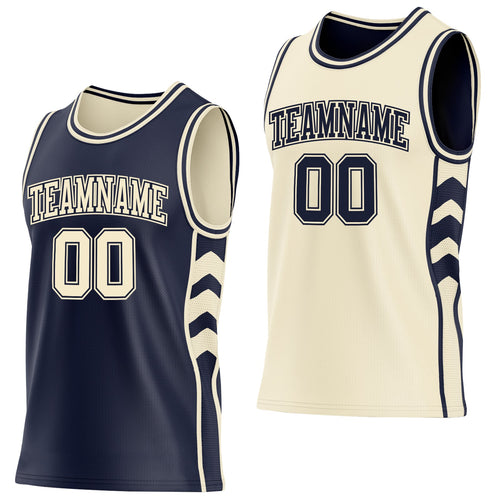Custom Navy-Cream Side Panel Geometric Chevron Reversible Double Side Sublimation Basketball Set Jersey