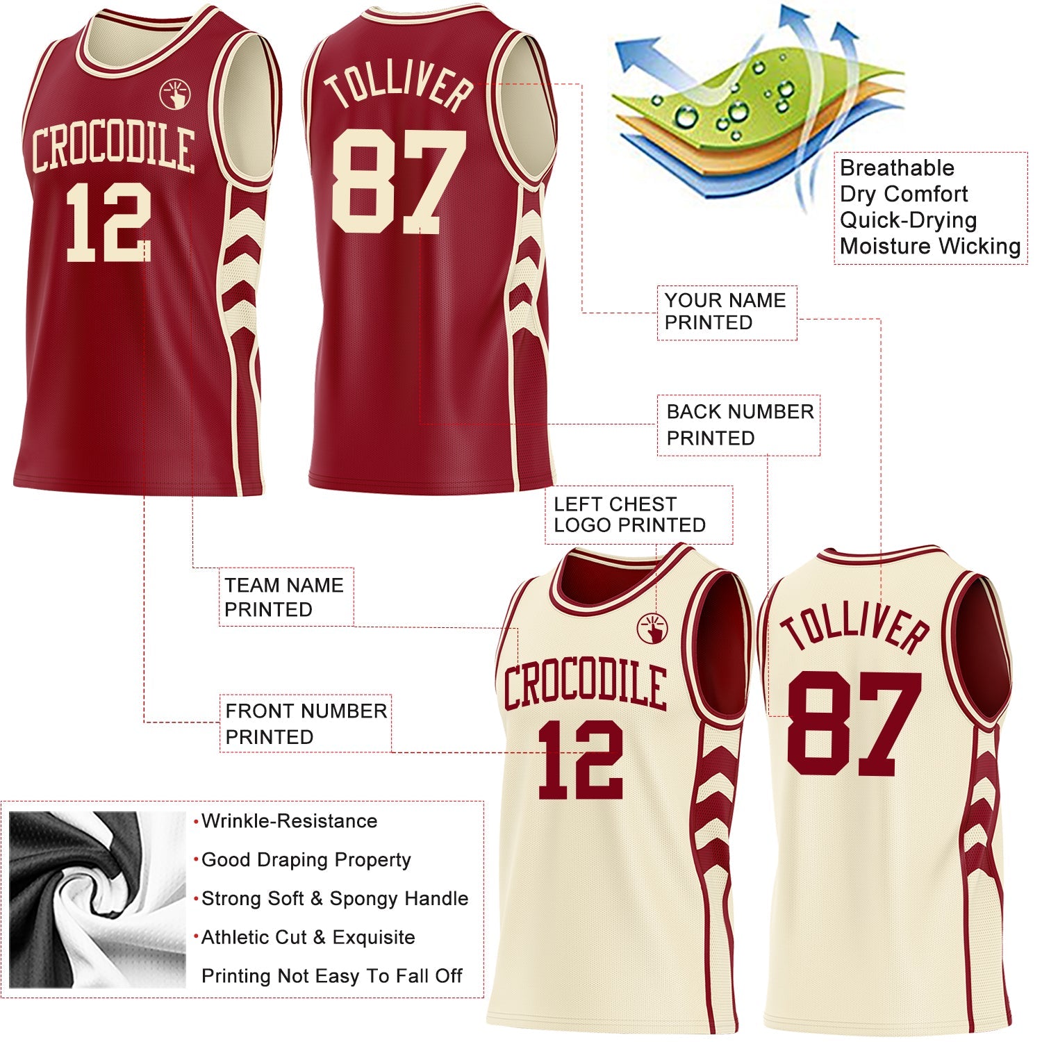 Custom Maroon-Cream Side Panel Geometric Chevron Reversible Double Side Sublimation Basketball Set Jersey