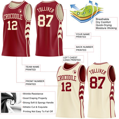 Custom Maroon-Cream Side Panel Geometric Chevron Reversible Double Side Sublimation Basketball Set Jersey