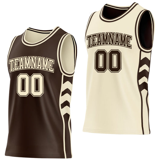 Custom Brown-Cream Side Panel Geometric Chevron Reversible Double Side Sublimation Basketball Set Jersey