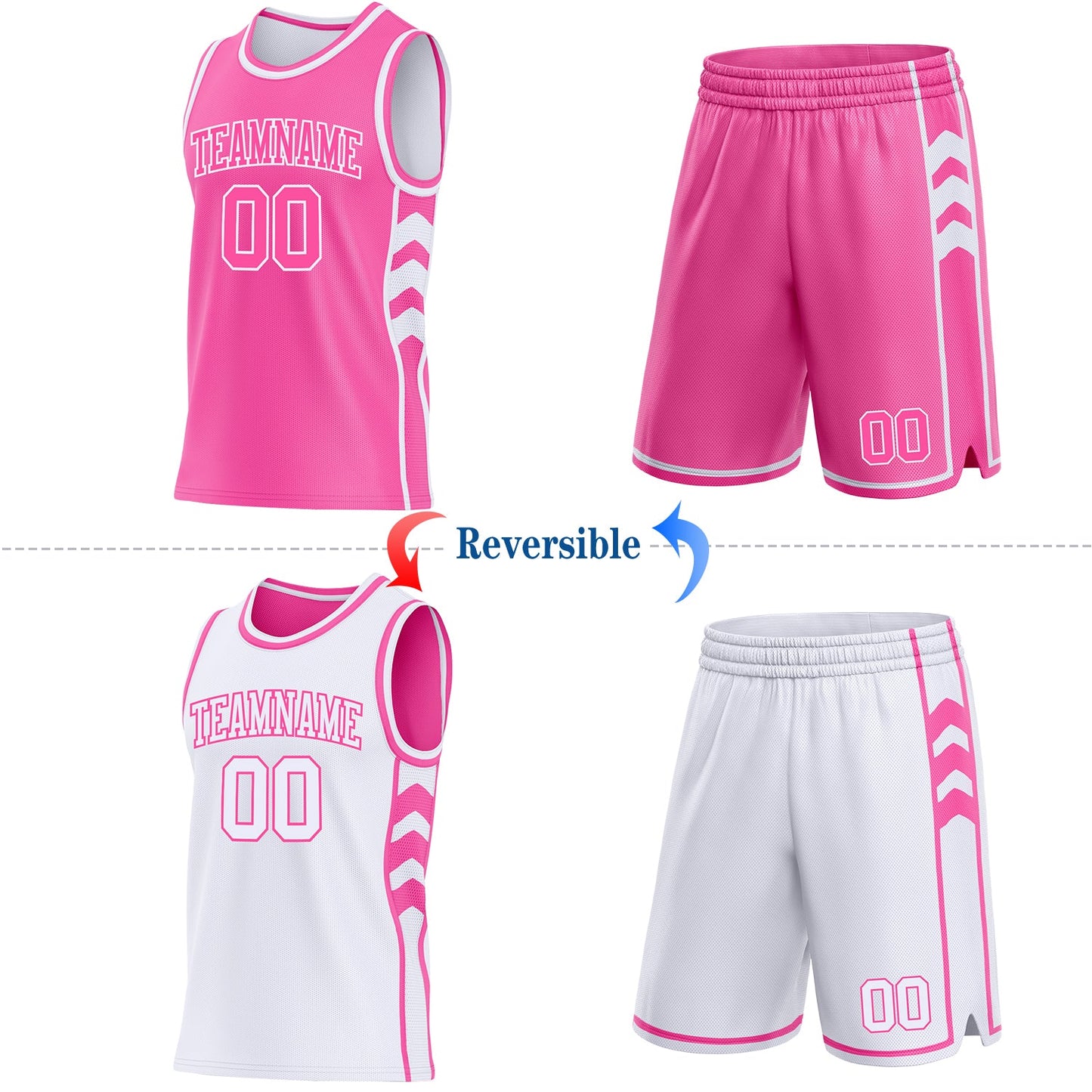 Custom Pink-White Side Panel Geometric Chevron Reversible Double Side Sublimation Basketball Set Jersey