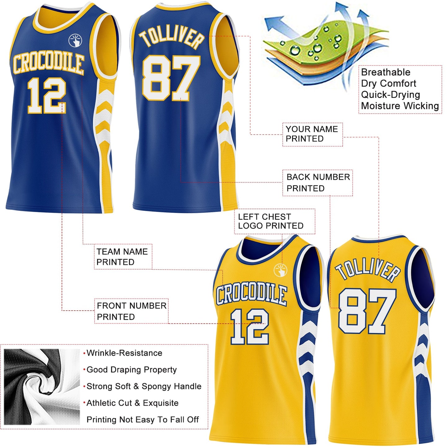 Custom Royal White-Gold Side Panel Geometric Chevron Reversible Double Side Sublimation Basketball Set Jersey