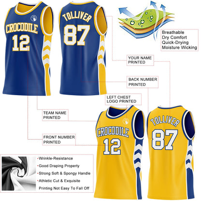 Custom Royal White-Gold Side Panel Geometric Chevron Reversible Double Side Sublimation Basketball Set Jersey