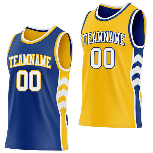 Custom Royal White-Gold Side Panel Geometric Chevron Reversible Double Side Sublimation Basketball Set Jersey