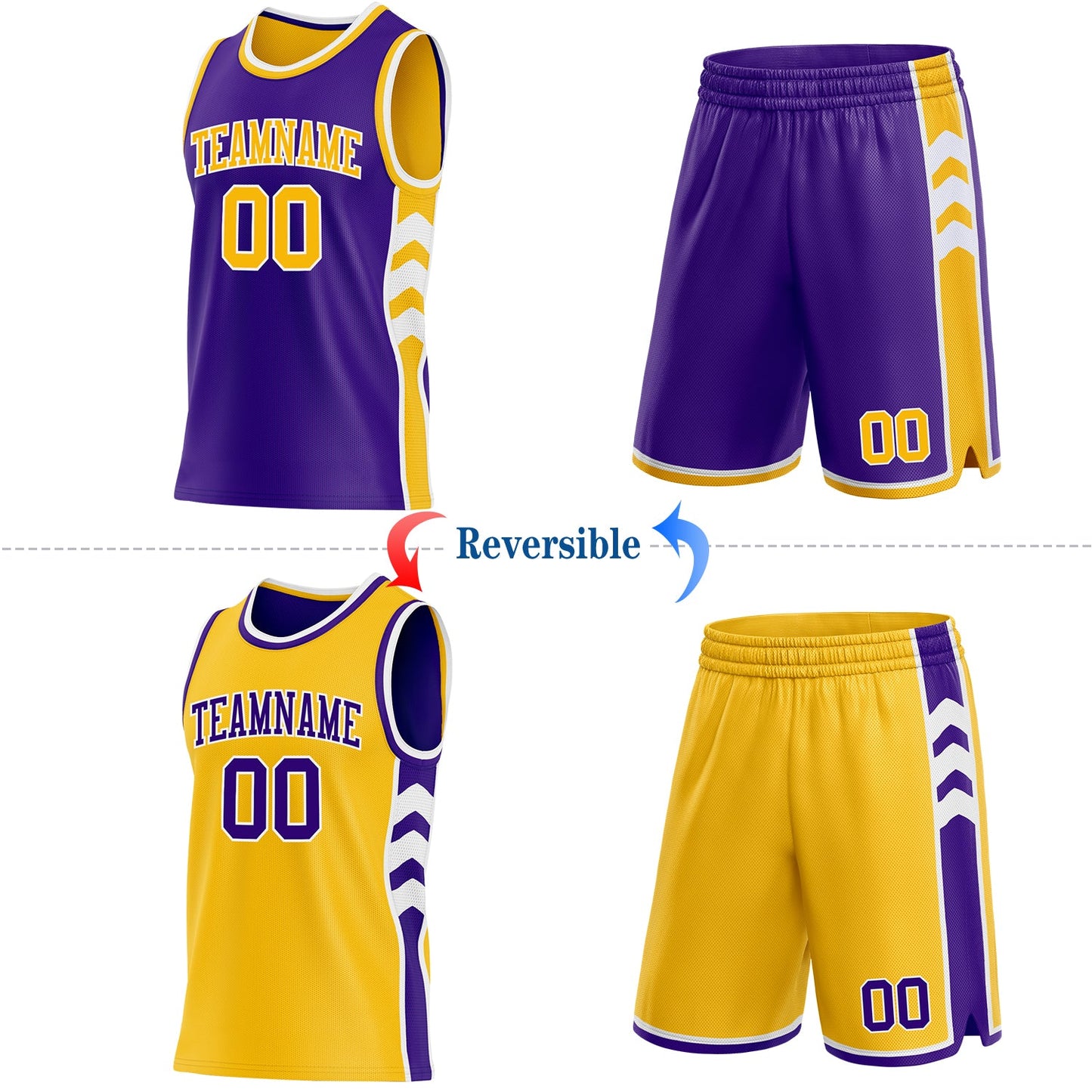 Custom Purple Gold-White Side Panel Geometric Chevron Reversible Double Side Sublimation Basketball Set Jersey