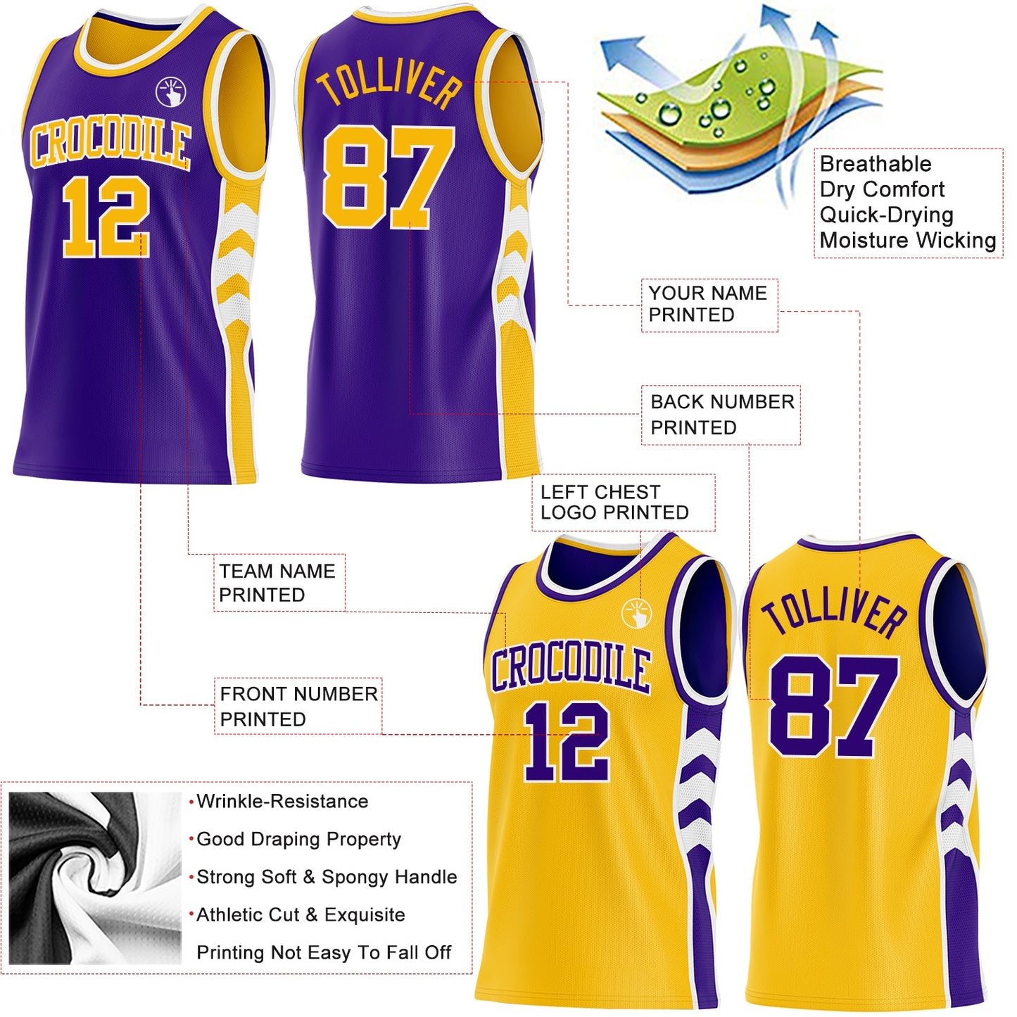 Custom Purple Gold-White Side Panel Geometric Chevron Reversible Double Side Sublimation Basketball Set Jersey