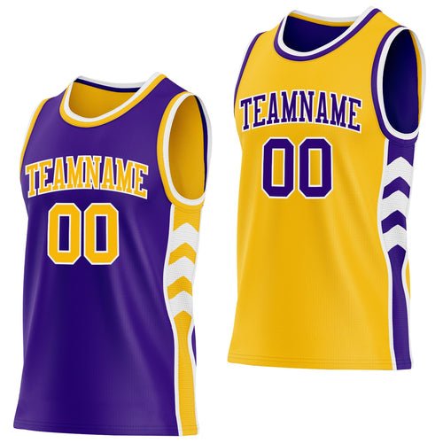 Custom Purple Gold-White Side Panel Geometric Chevron Reversible Double Side Sublimation Basketball Set Jersey