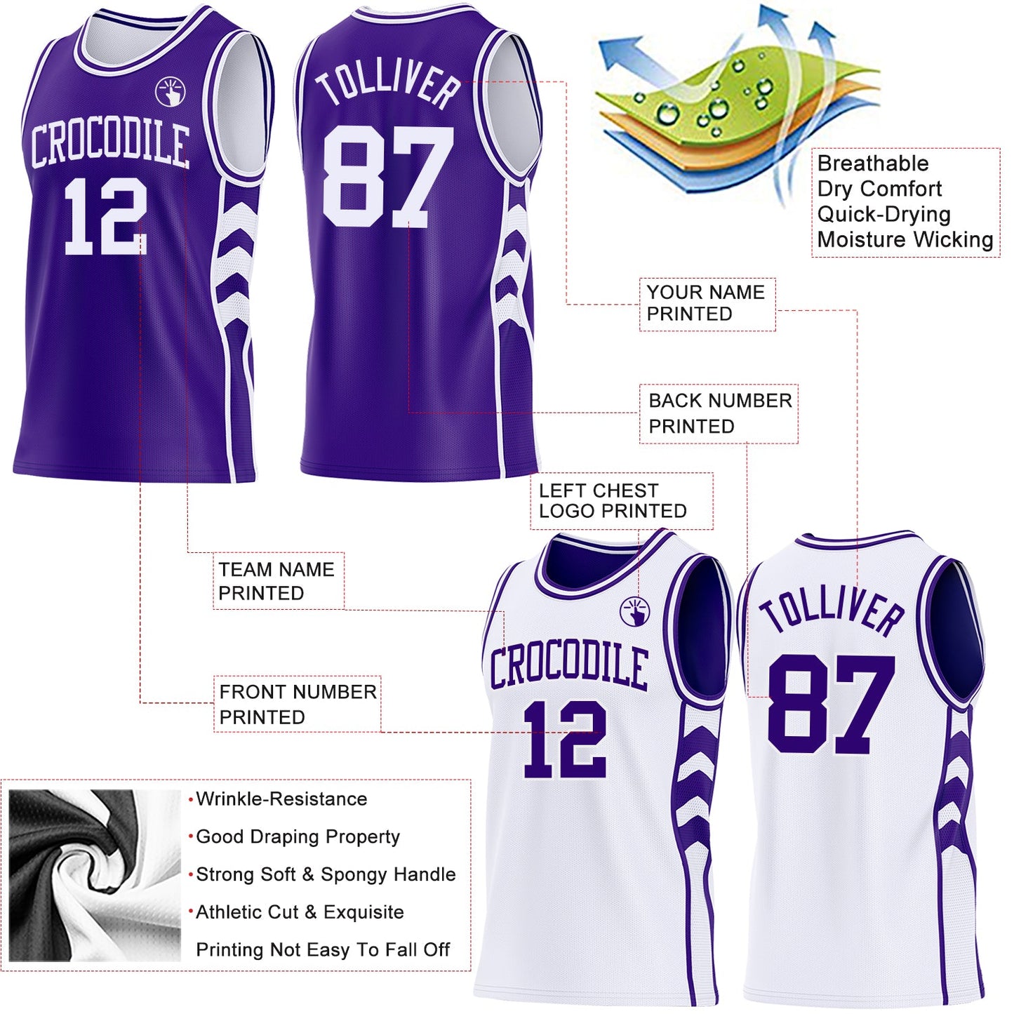 Custom Purple-White Side Panel Geometric Chevron Reversible Double Side Sublimation Basketball Set Jersey