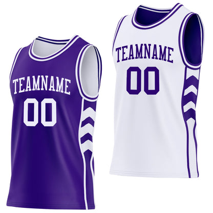 Custom Purple-White Side Panel Geometric Chevron Reversible Double Side Sublimation Basketball Set Jersey