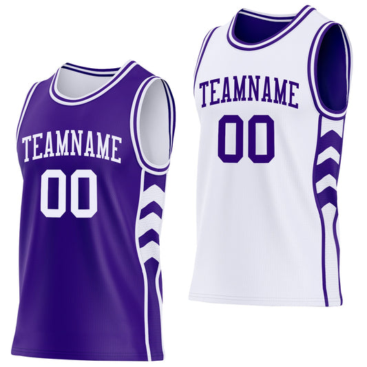 Custom Purple-White Side Panel Geometric Chevron Reversible Double Side Sublimation Basketball Set Jersey