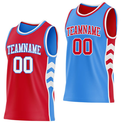 Custom Red White-Powder Blue Side Panel Geometric Chevron Reversible Double Side Sublimation Basketball Set Jersey