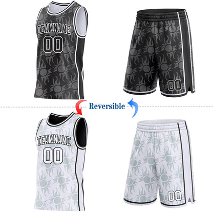 Custom Black-White Side Panel Stripe Sun Flame Reversible Double Side Sublimation Basketball Set Jersey