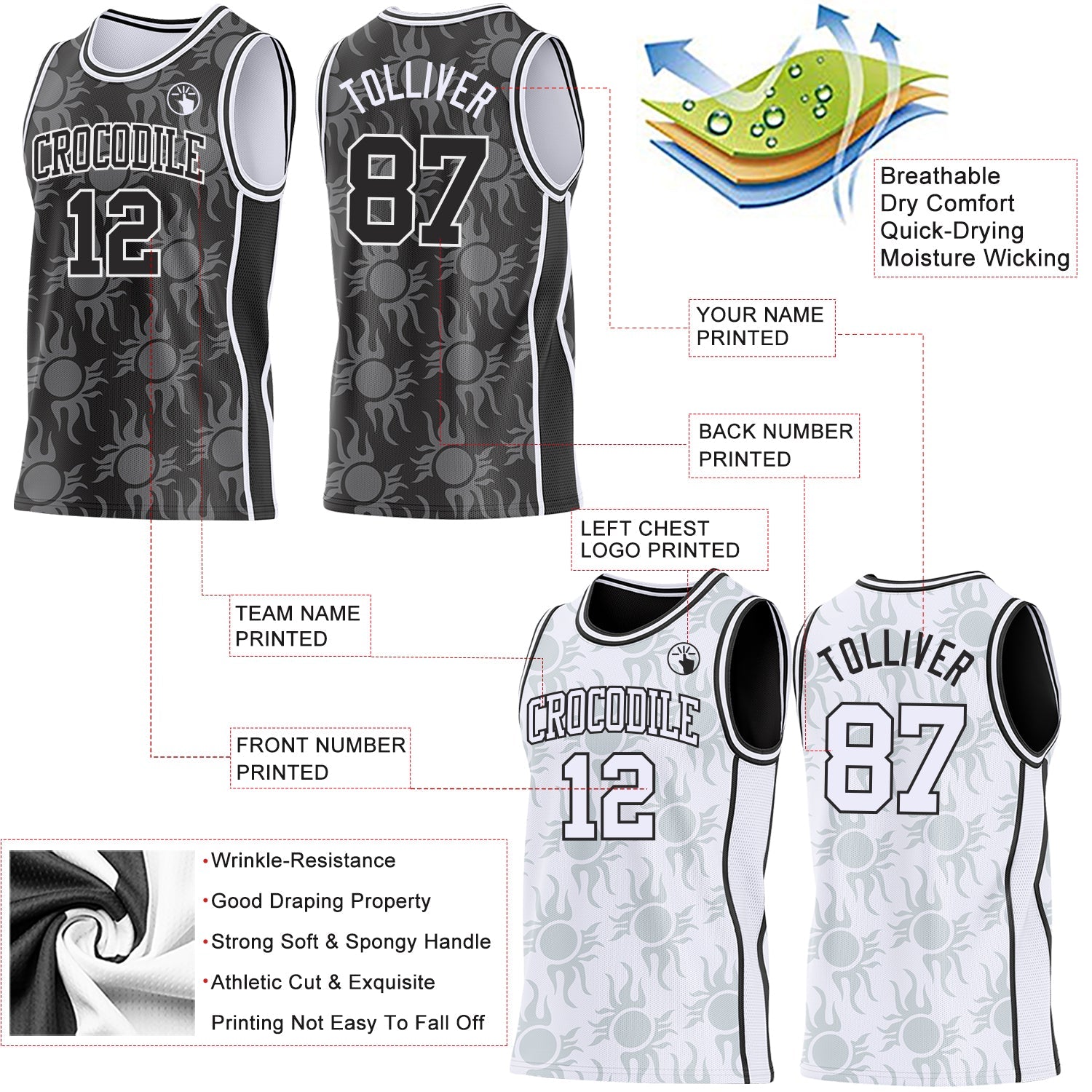 Custom Black-White Side Panel Stripe Sun Flame Reversible Double Side Sublimation Basketball Set Jersey