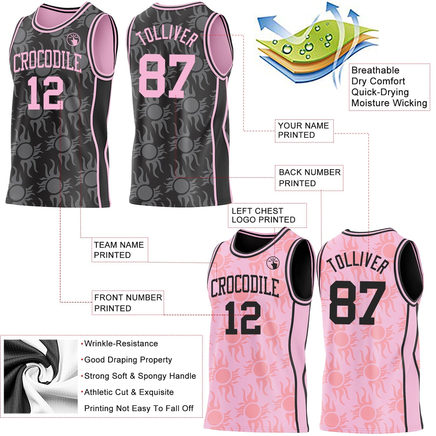 Custom Black-Light Pink Side Panel Stripe Sun Flame Reversible Double Side Sublimation Basketball Set Jersey