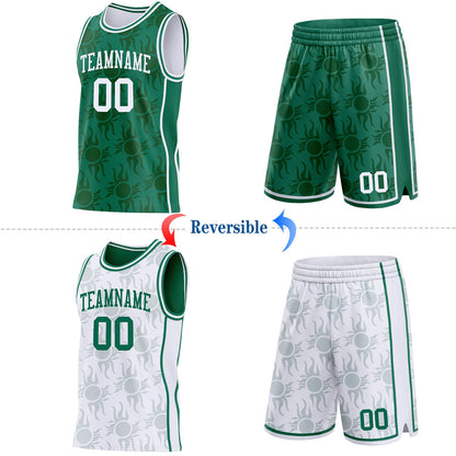 Custom Kelly Green-White Side Panel Stripe Sun Flame Reversible Double Side Sublimation Basketball Set Jersey