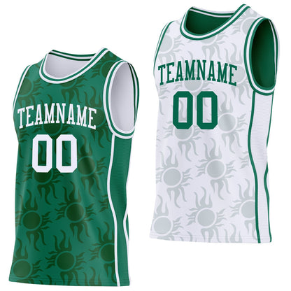Custom Kelly Green-White Side Panel Stripe Sun Flame Reversible Double Side Sublimation Basketball Set Jersey