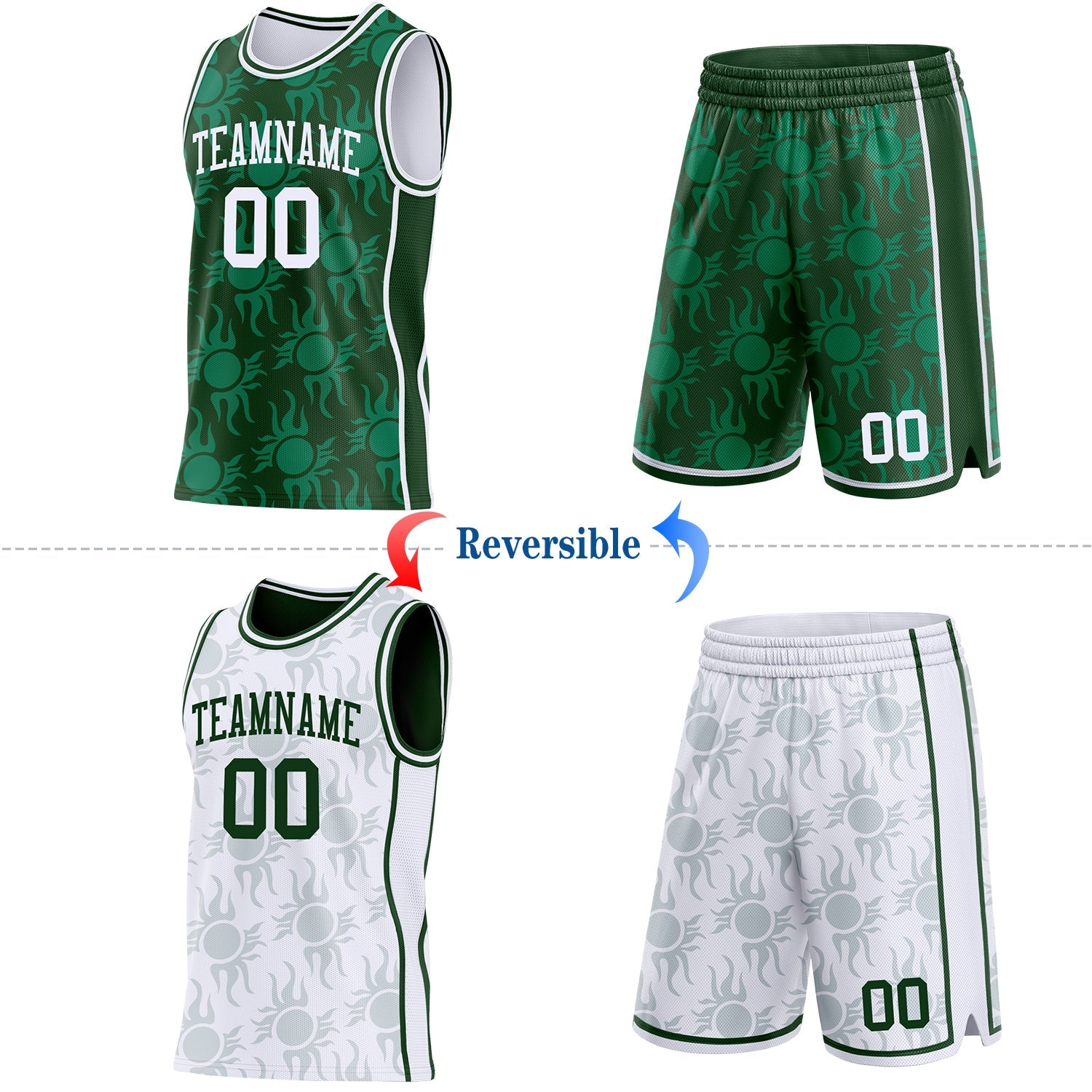 Custom Green-White Side Panel Stripe Sun Flame Reversible Double Side Sublimation Basketball Set Jersey