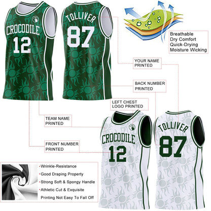 Custom Green-White Side Panel Stripe Sun Flame Reversible Double Side Sublimation Basketball Set Jersey