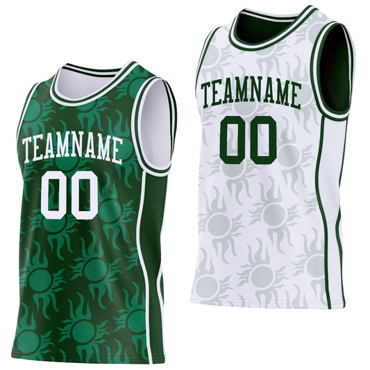 Custom Green-White Side Panel Stripe Sun Flame Reversible Double Side Sublimation Basketball Set Jersey
