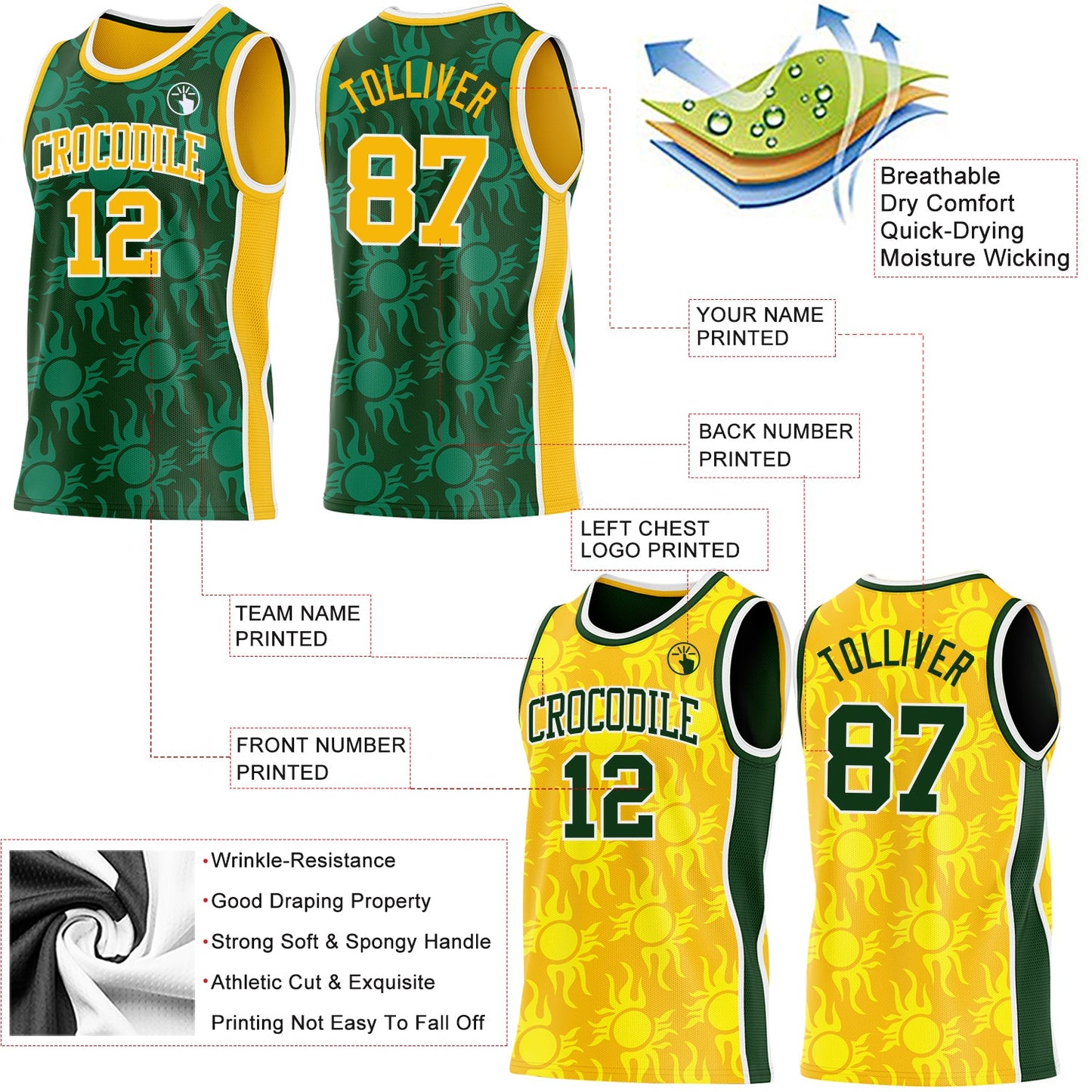 Custom Green Gold-White Side Panel Stripe Sun Flame Reversible Double Side Sublimation Basketball Set Jersey