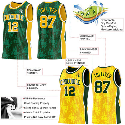 Custom Green Gold-White Side Panel Stripe Sun Flame Reversible Double Side Sublimation Basketball Set Jersey