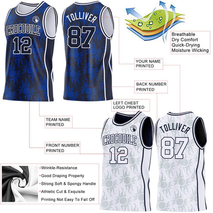 Custom Navy-White Side Panel Stripe Sun Flame Reversible Double Side Sublimation Basketball Set Jersey