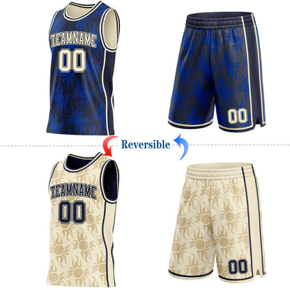 Custom Navy-Cream Side Panel Stripe Sun Flame Reversible Double Side Sublimation Basketball Set Jersey