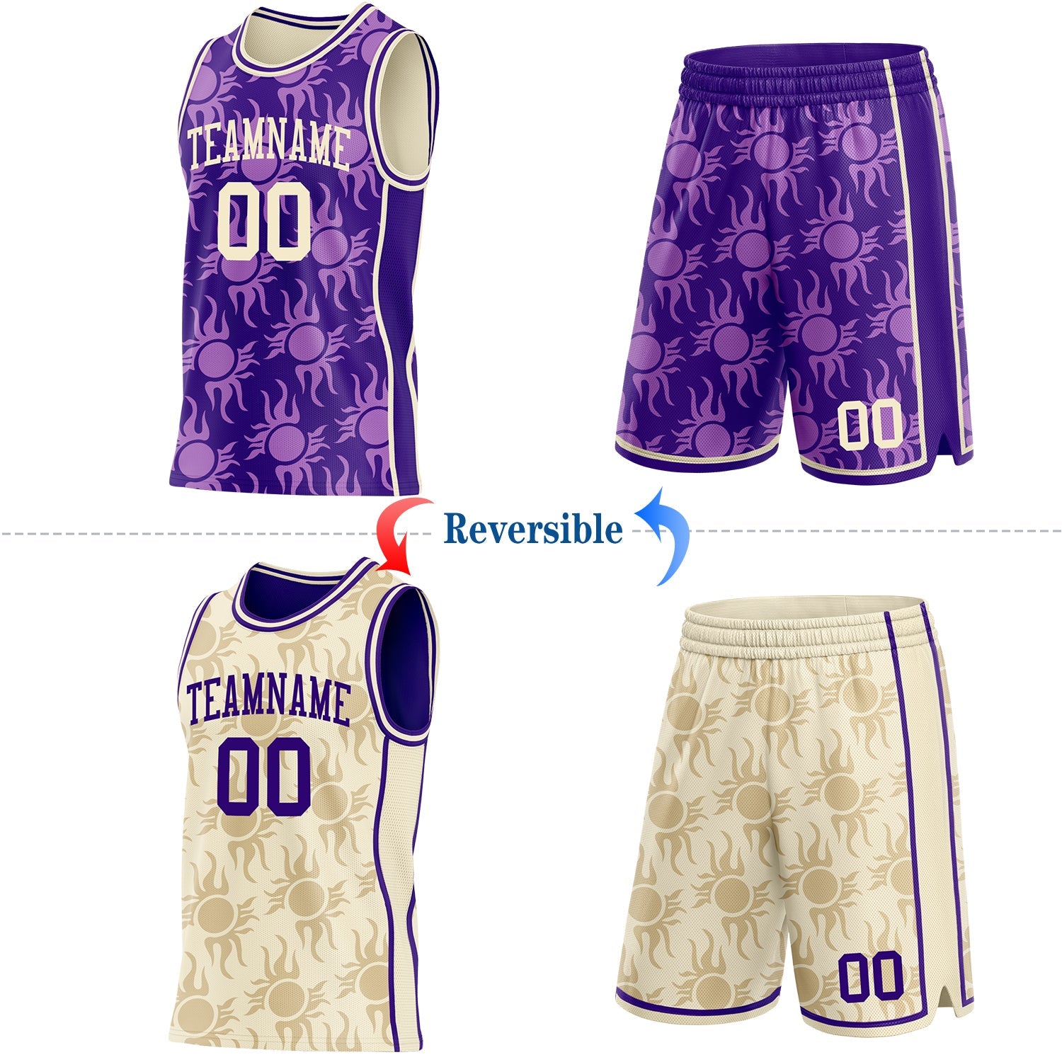 Custom Purple-Cream Side Panel Stripe Sun Flame Reversible Double Side Sublimation Basketball Set Jersey