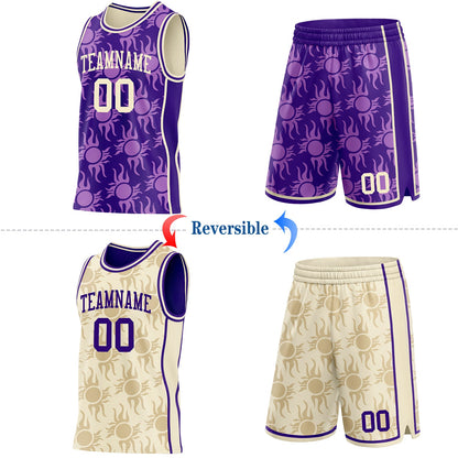 Custom Purple-Cream Side Panel Stripe Sun Flame Reversible Double Side Sublimation Basketball Set Jersey