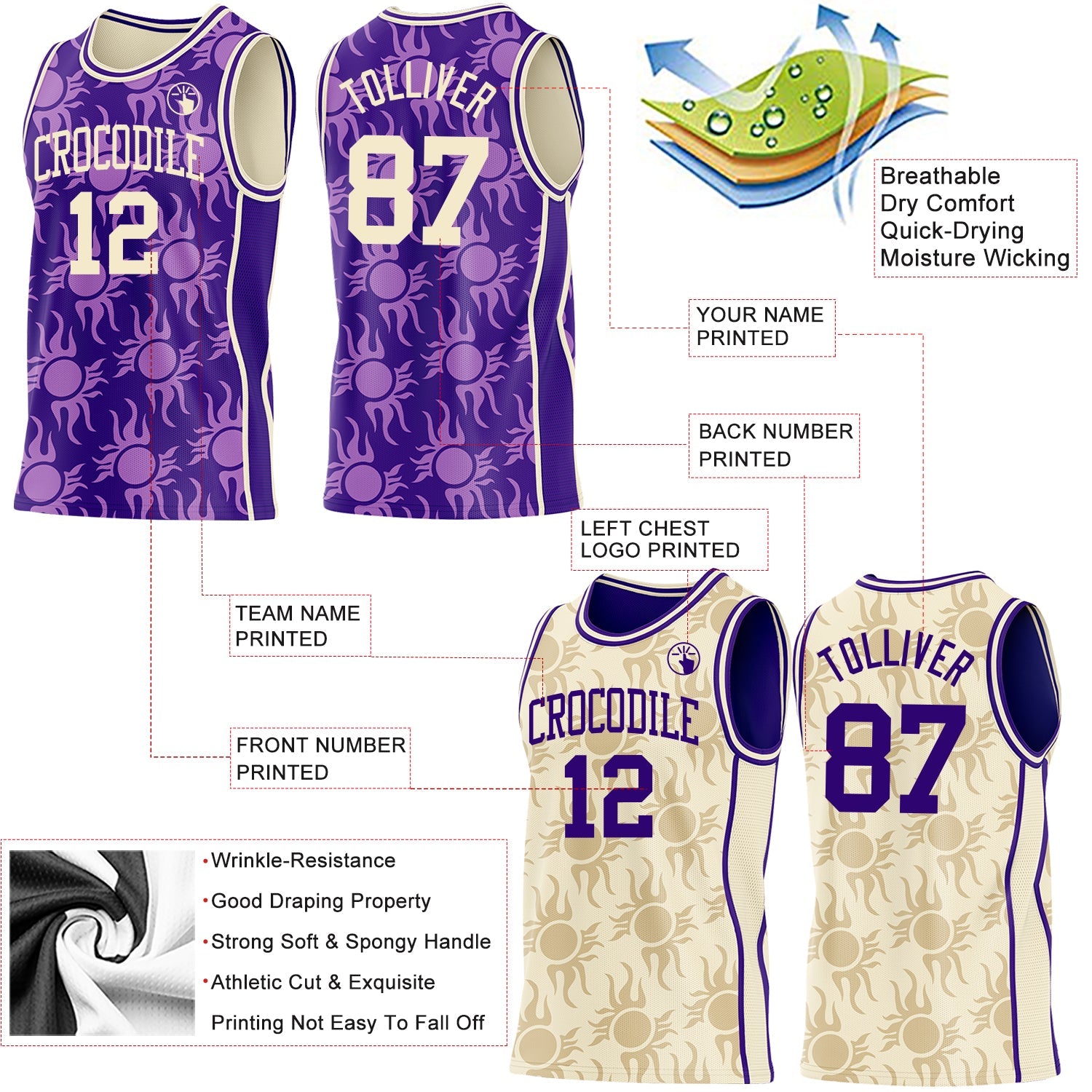 Custom Purple-Cream Side Panel Stripe Sun Flame Reversible Double Side Sublimation Basketball Set Jersey