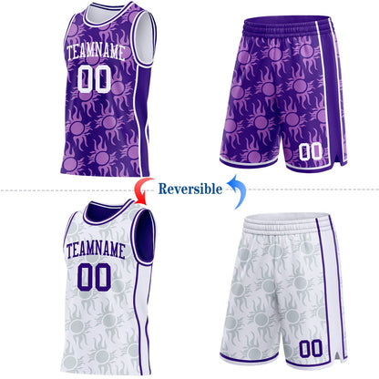 Custom Purple-White Side Panel Stripe Sun Flame Reversible Double Side Sublimation Basketball Set Jersey