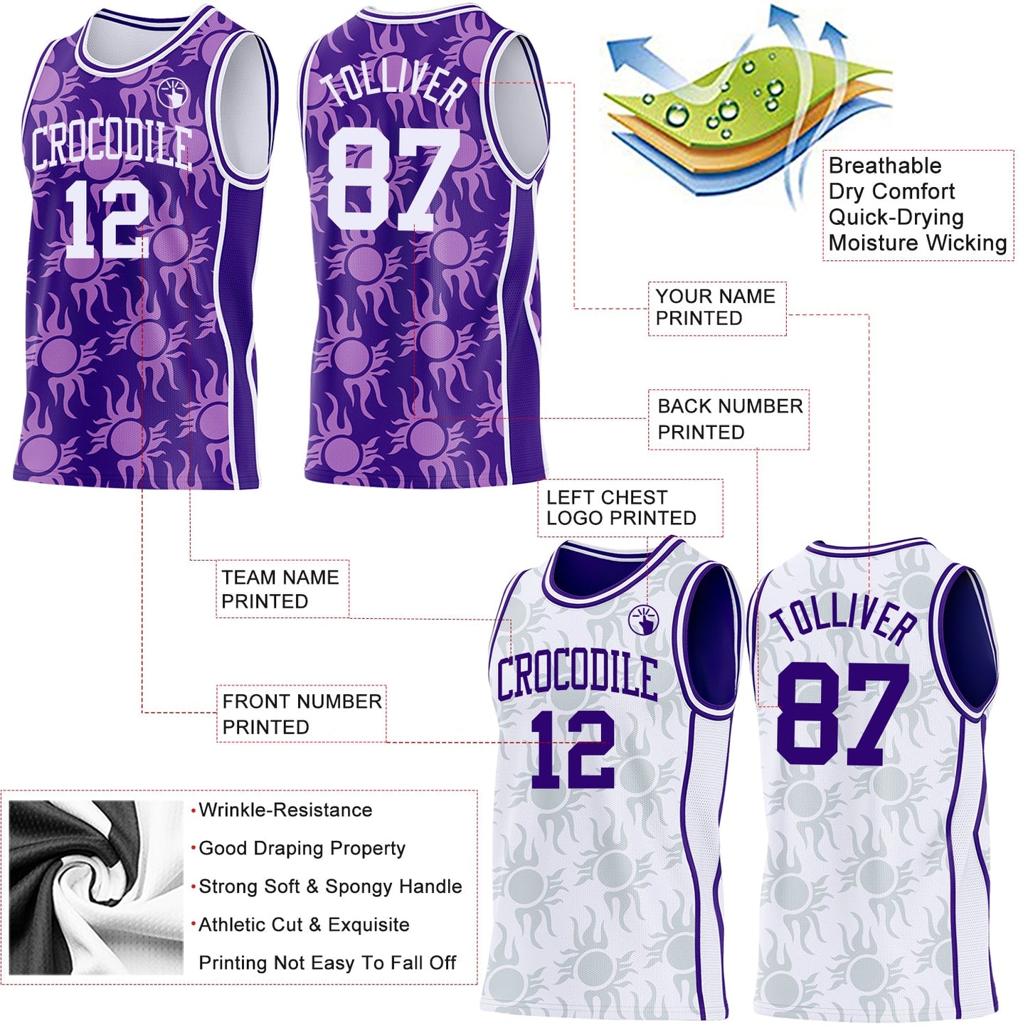 Custom Purple-White Side Panel Stripe Sun Flame Reversible Double Side Sublimation Basketball Set Jersey