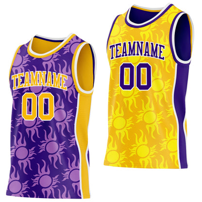 Custom Purple Gold-White Side Panel Stripe Sun Flame Reversible Double Side Sublimation Basketball Set Jersey