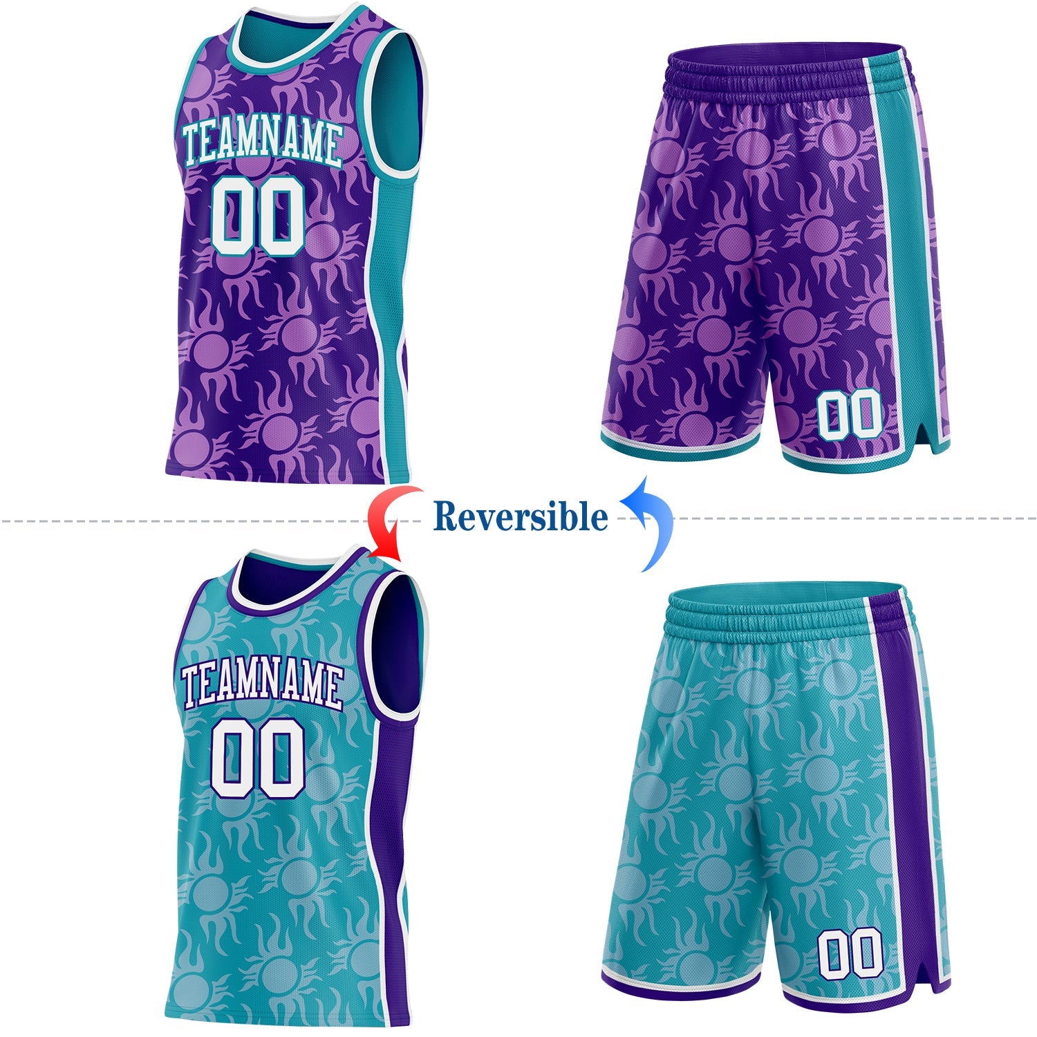 Custom Purple White-Teal Side Panel Stripe Sun Flame Reversible Double Side Sublimation Basketball Set Jersey