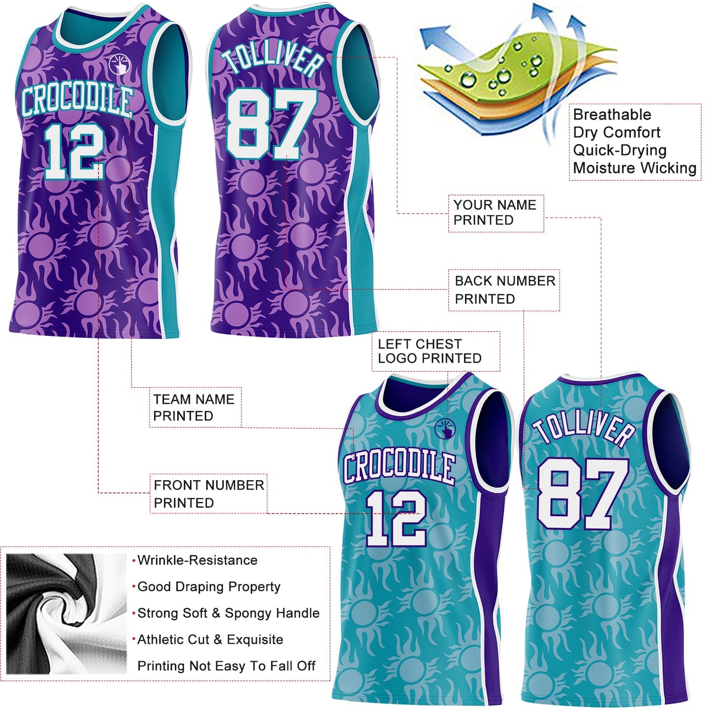 Custom Purple White-Teal Side Panel Stripe Sun Flame Reversible Double Side Sublimation Basketball Set Jersey