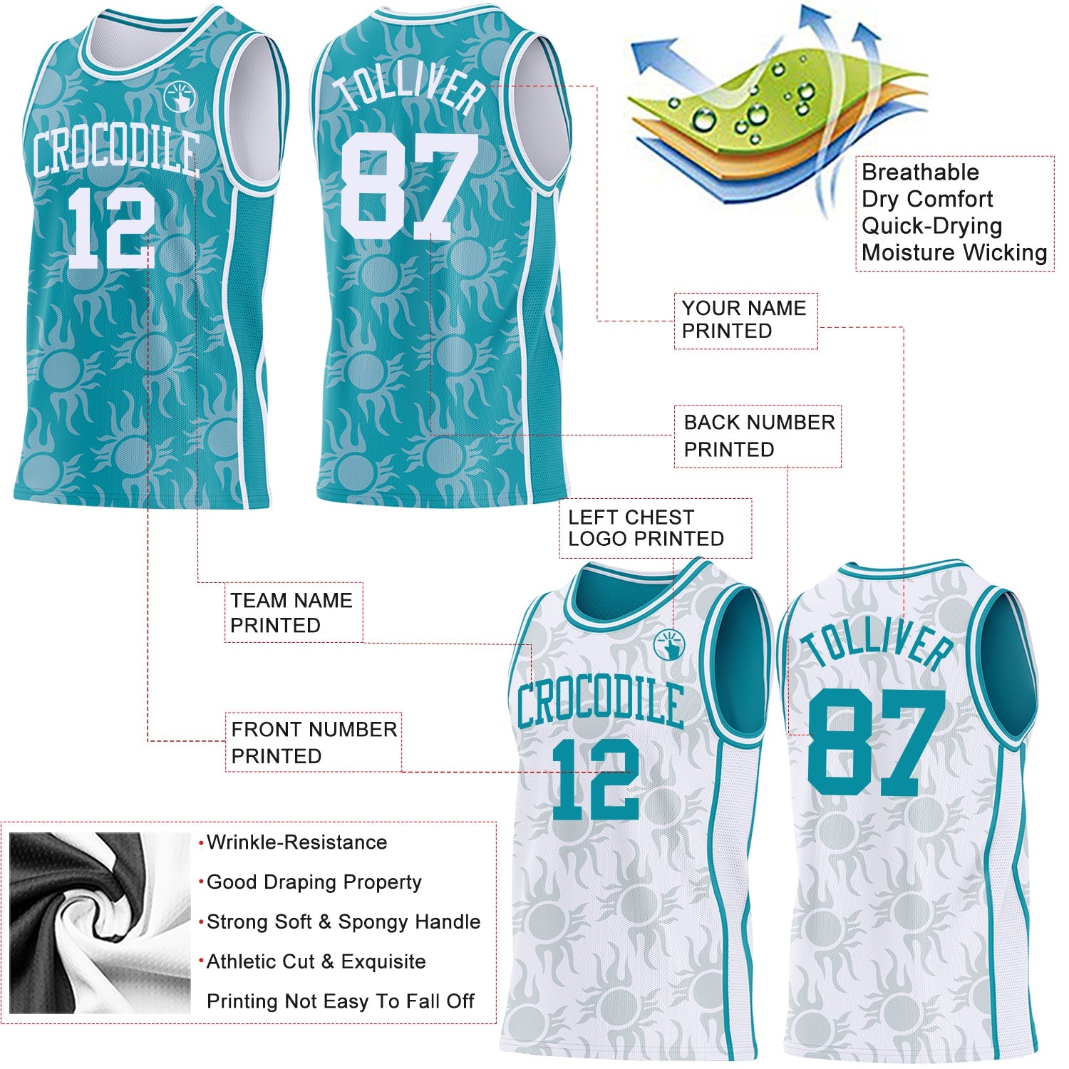 Custom Teal-White Side Panel Stripe Sun Flame Reversible Double Side Sublimation Basketball Set Jersey