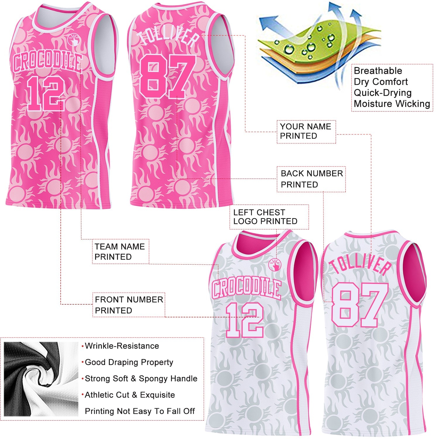Custom Pink-White Side Panel Stripe Sun Flame Reversible Double Side Sublimation Basketball Set Jersey