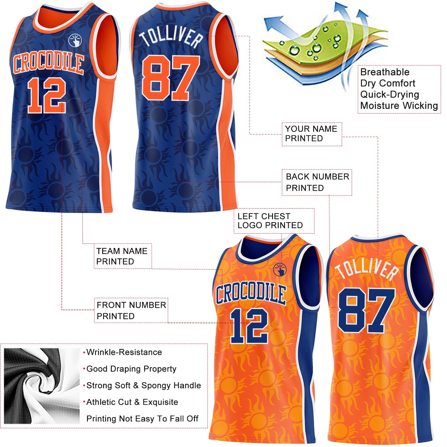 Custom Royal Orange-White Side Panel Stripe Sun Flame Reversible Double Side Sublimation Basketball Set Jersey