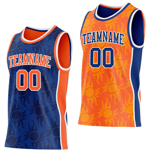 Custom Royal Orange-White Side Panel Stripe Sun Flame Reversible Double Side Sublimation Basketball Set Jersey