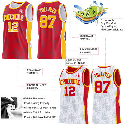 Custom Red Gold-White Side Panel Stripe Sun Flame Reversible Double Side Sublimation Basketball Set Jersey