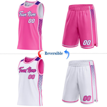 Custom Pink White-Purple Side Panel Stripe Geometric Triangle Gradient Dot Reversible Double Side Sublimation Basketball Set Jersey
