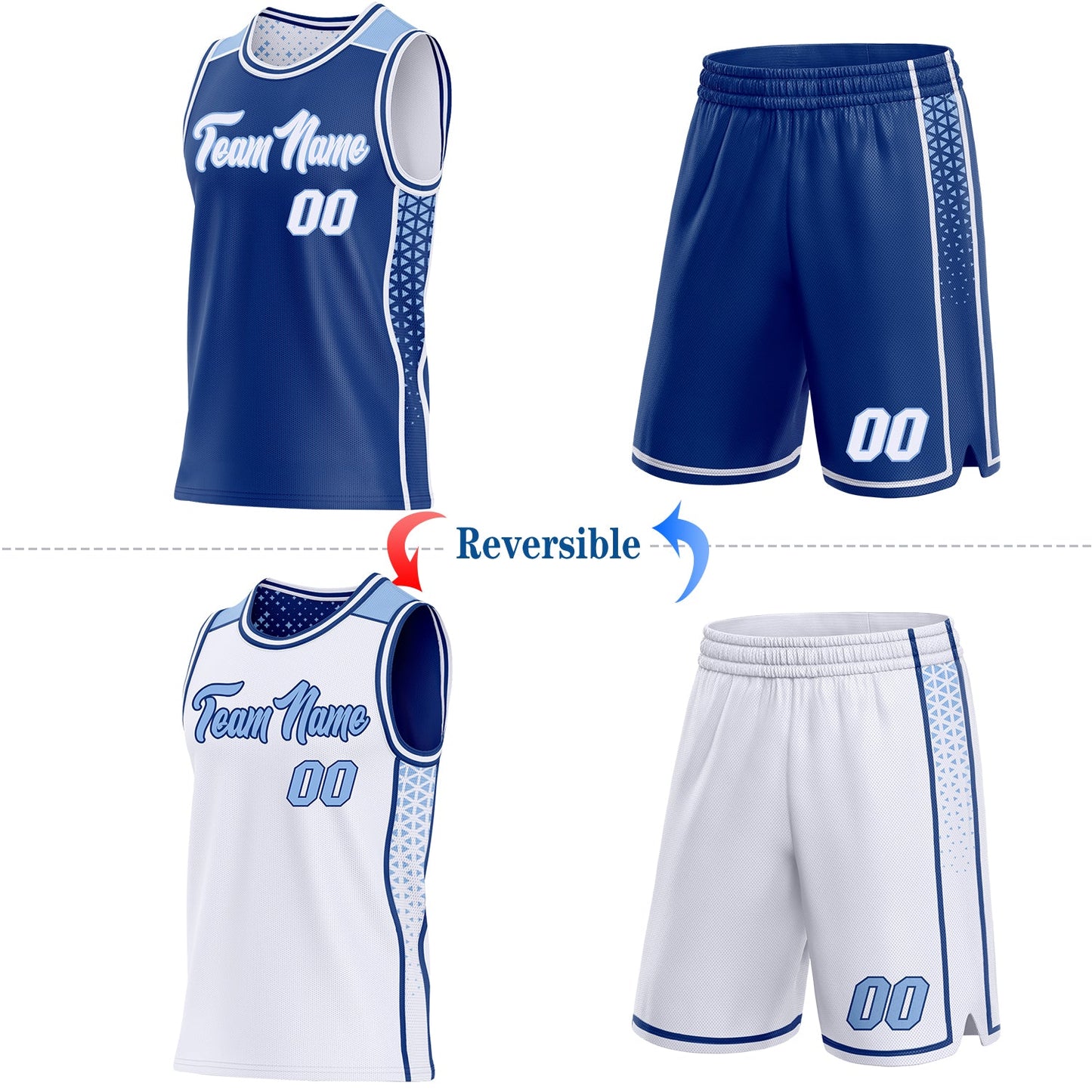 Custom Royal White-Light Blue Side Panel Stripe Geometric Triangle Gradient Dot Reversible Double Side Sublimation Basketball Set Jersey