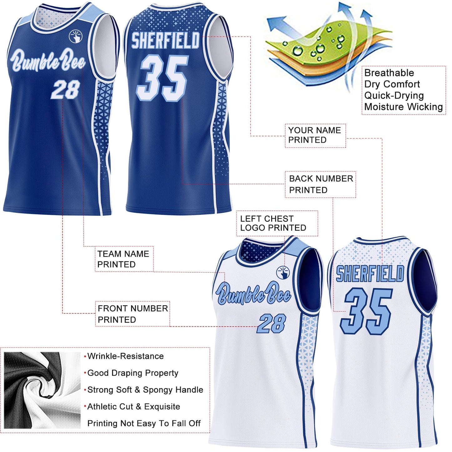 Custom Royal White-Light Blue Side Panel Stripe Geometric Triangle Gradient Dot Reversible Double Side Sublimation Basketball Set Jersey