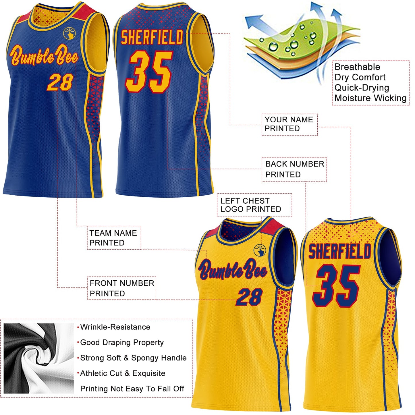 Custom Royal Gold-Red Side Panel Stripe Geometric Triangle Gradient Dot Reversible Double Side Sublimation Basketball Set Jersey