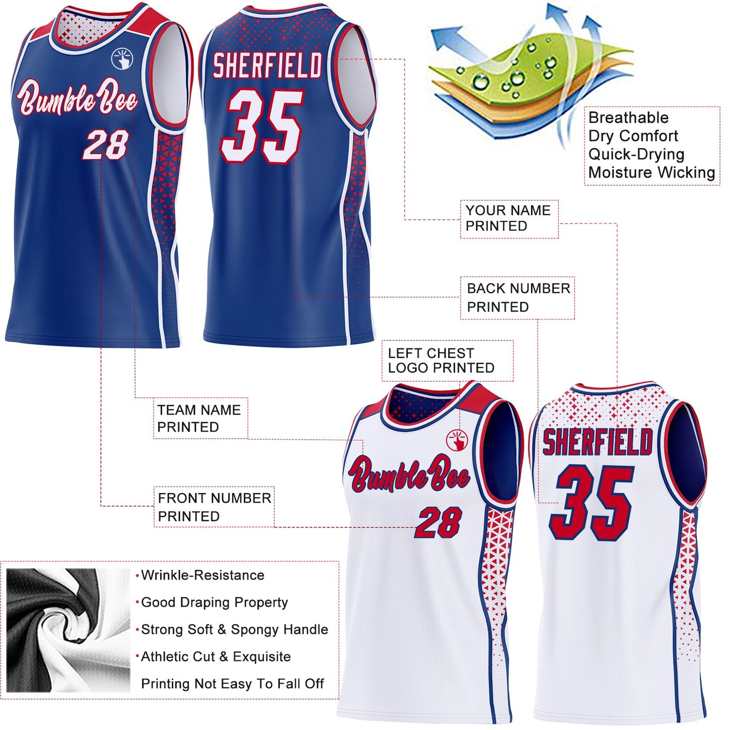 Custom Royal White-Red Side Panel Stripe Geometric Triangle Gradient Dot Reversible Double Side Sublimation Basketball Set Jersey