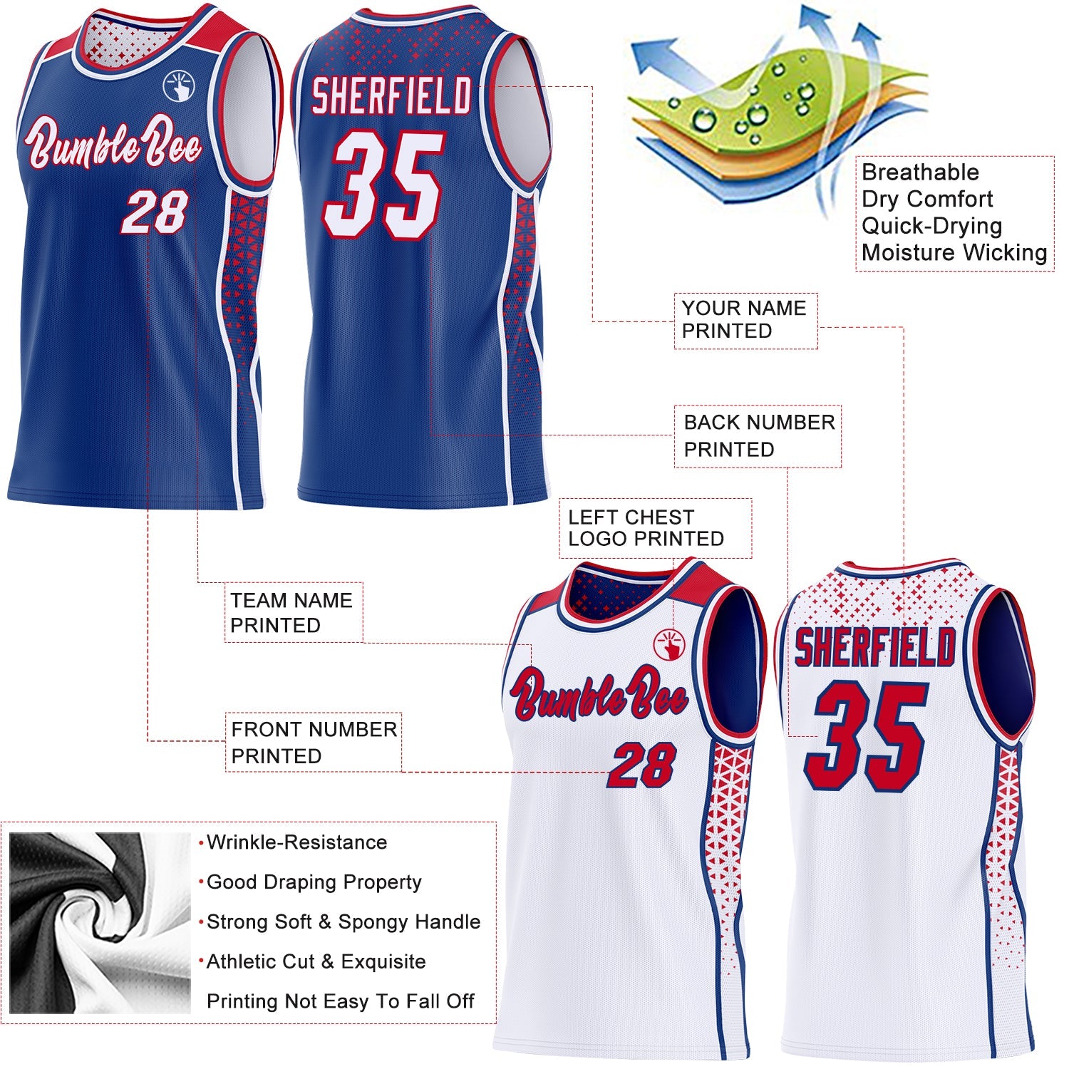 Custom Royal White-Red Side Panel Stripe Geometric Triangle Gradient Dot Reversible Double Side Sublimation Basketball Set Jersey
